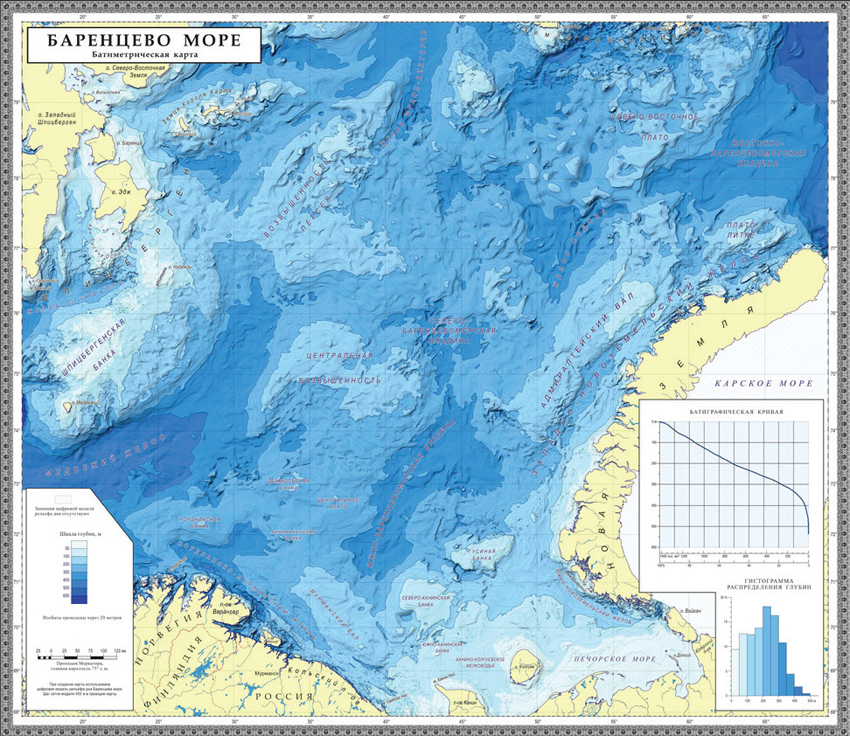 Глубина карского моря. Центральная впадина Баренцева моря. Баренцево море глубины рельеф дна. Рельеф дна Баренцева моря. Батиметрическая карта Баренцева моря.